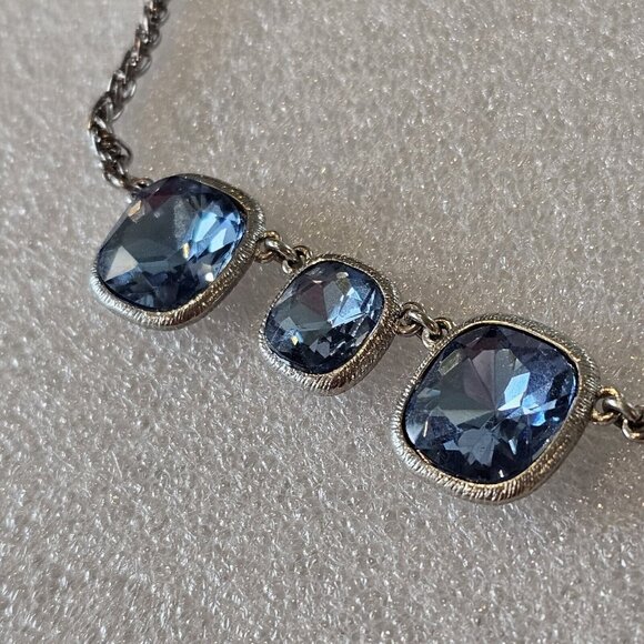 Monet Necklace Blue Large Rhinestones Faceted Silver‎ Tone Y-Drop Statement 18" - Picture 7 of 10